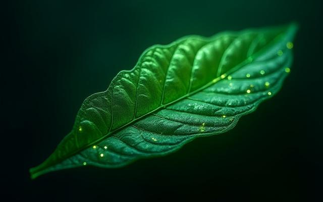 En stilisert scene som fletter sammen et elegant, glødende kretskortmønster inn i et blad fra en norsk skog, med subtil belysning som fremhever både teknologi og natur i harmoni.