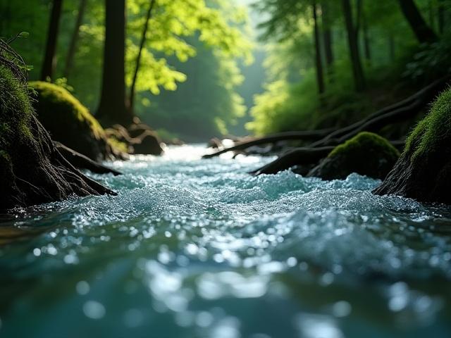 Realistisk vannsimulering av en elv som strømmer gjennom en skog